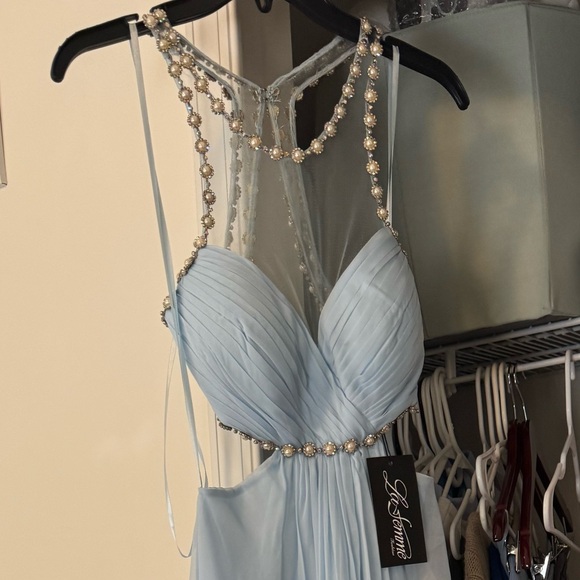 NEW WITH TAGS La Femme High-Neck Cut-out Prom Dress - Picture 4 of 4